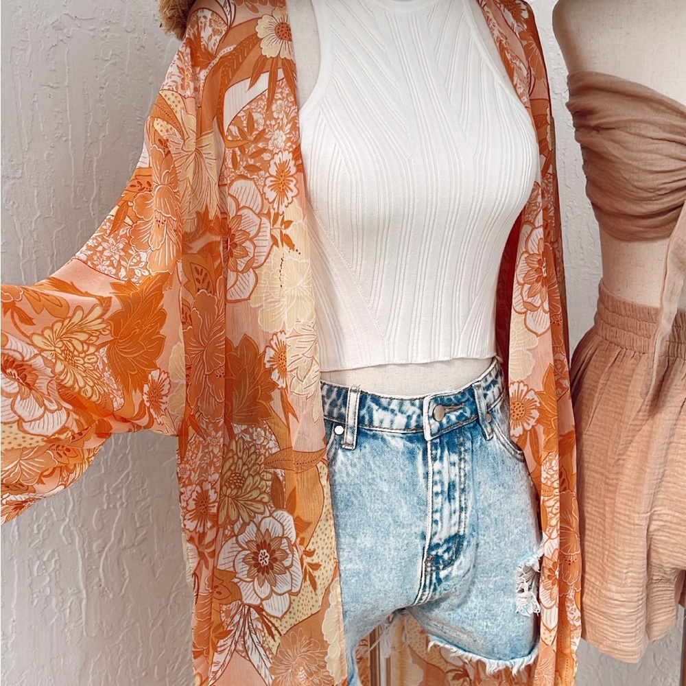 eesome Orange Floral Sheer Kimono